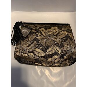 Ulta Gold Black Lace Zippered SquareMakeup  Bag Case with Velvet Back Tassel NWT